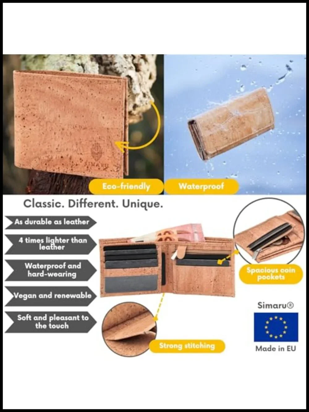 Bifold RFID Blocking Cork Wallet with 6 Card Slots and Coin Pocket